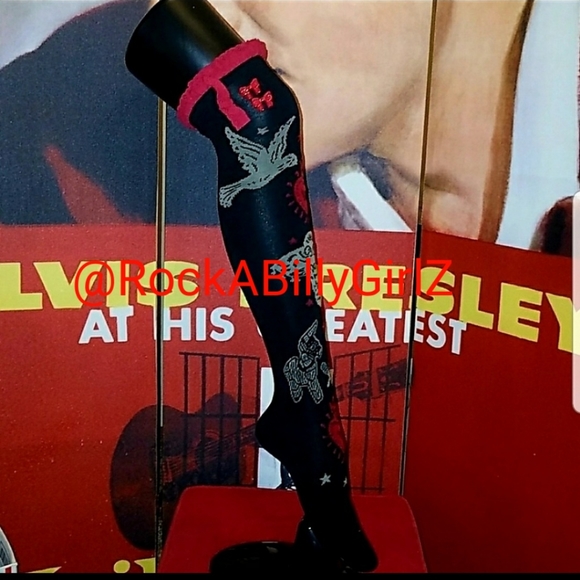 Banjo & Cake Accessories - Too Fast Banjo & Cake Day of Dead Fiesta Tattoo Art 19" Knee Socks w 2 Red Bows